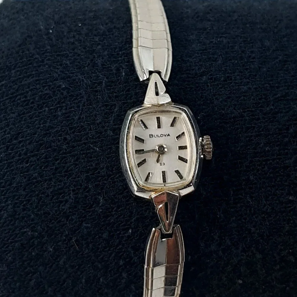 Vintage Bulova watch 23 jewels 10K white gold‎ bracelet ladies women's RGP bezel